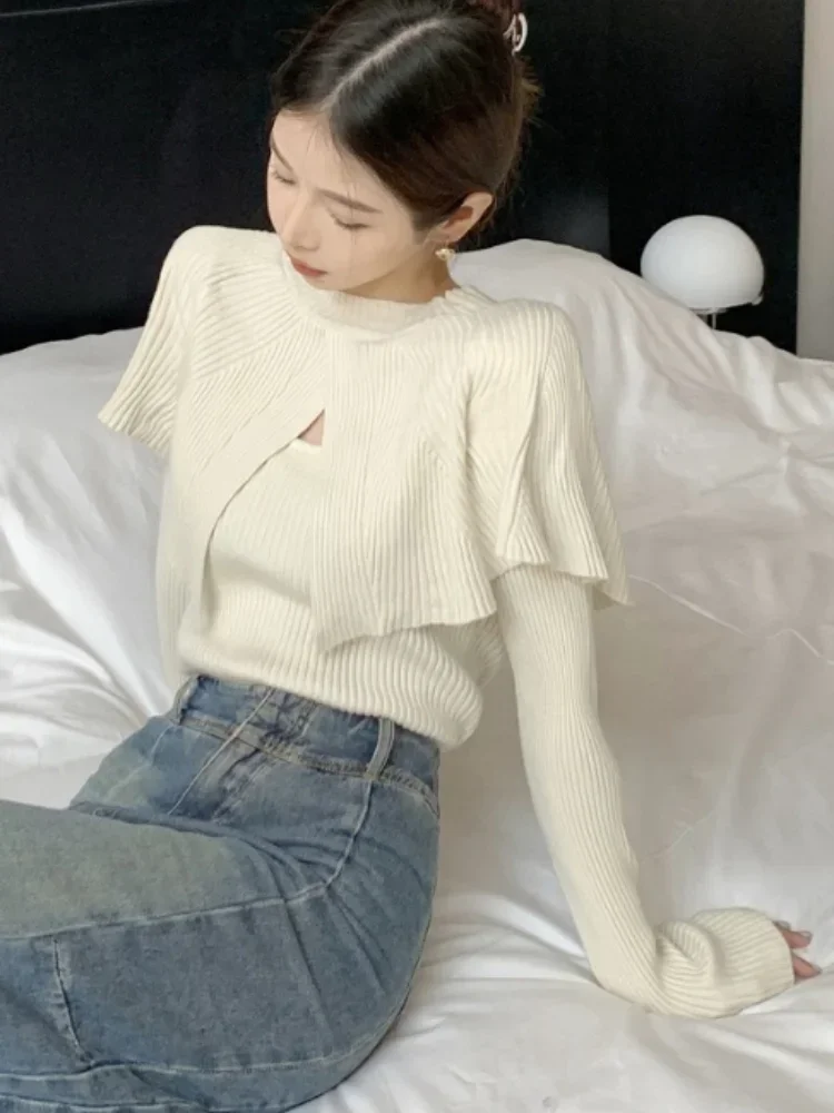 Fake Two Pieces Vintage Slim Sweater Korean Fashion Knitted Pullover All Match Elegant Sweet All-match Y2k Aesthetic Cropped Top