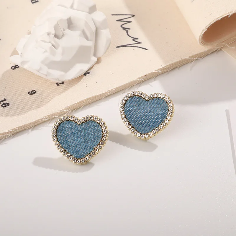 Mode Blauwe Denim Hart Vorm Studs Oorbellen Love Statement Bruiloft Geometrische Hart Bohemian Vintage Acryl Trend Sieraden