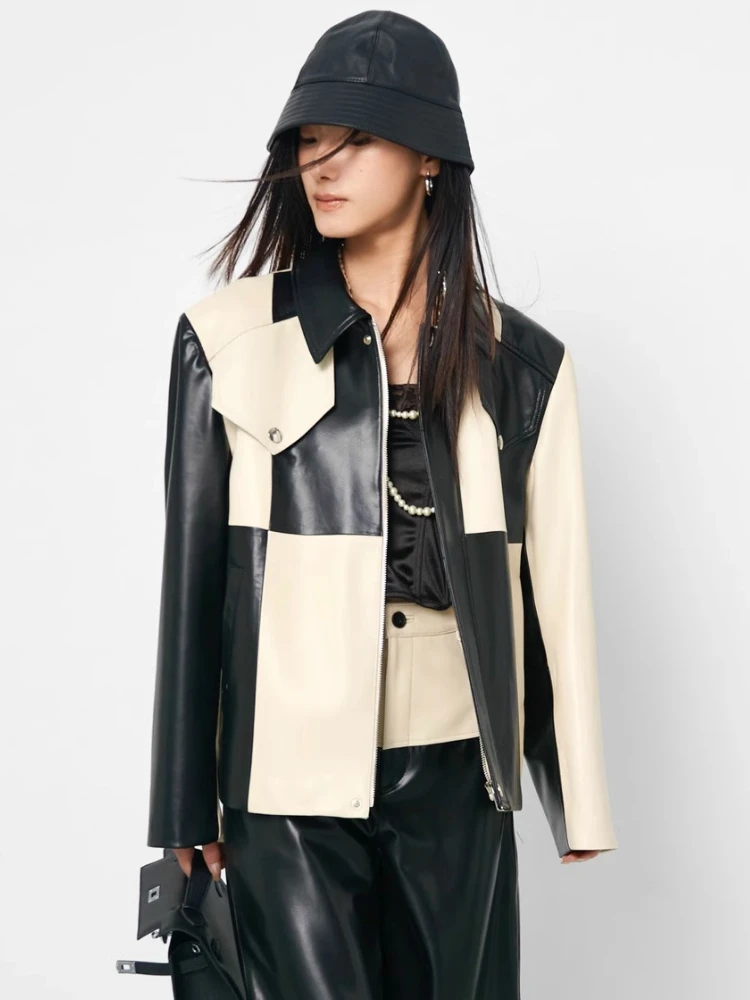 Genuine Leather Jackets for Women Spring Autumn High-end Simple Black White Contrast Design Soft Short Real Sheepskin Coat