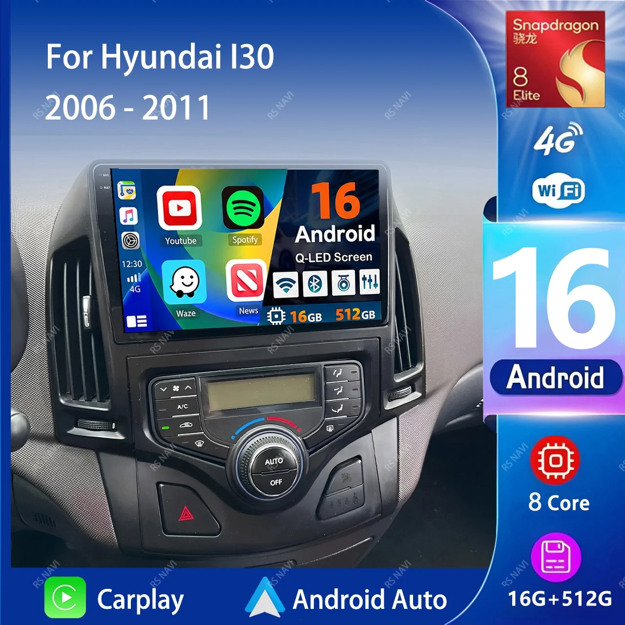 Android 16 Carplay Auto WIFI+4G Car Radio Multimedia Player For Hyundai I30 2006-2011 2K Screen Autoradio Stereo 2din Head Unit