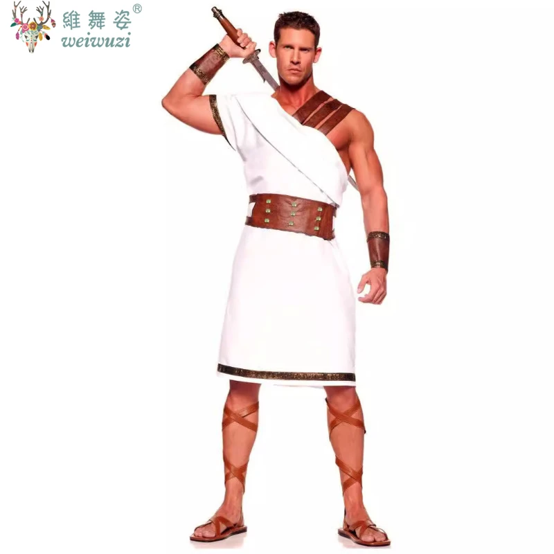할로윈 커플 성인 남녀 고대 그리스 신화 의상 로마 이집트 전사 격투사 코스프레 의상 카니발 플라워 파티 드레스 의상 손목 벨트 세트 흰색 주조 순수하고 우아한 갈색 벨트 그려 힘 있는 양감 남자 의상 양강 한 기운 발산 패션 독특하고 매혹적인 매력 여자 의상 부드럽고 아름다운 몸짓 우아하고 호탕한 로마 도시 국가에 있는 듯 고전과 현대가 교차하는 화려한 악장