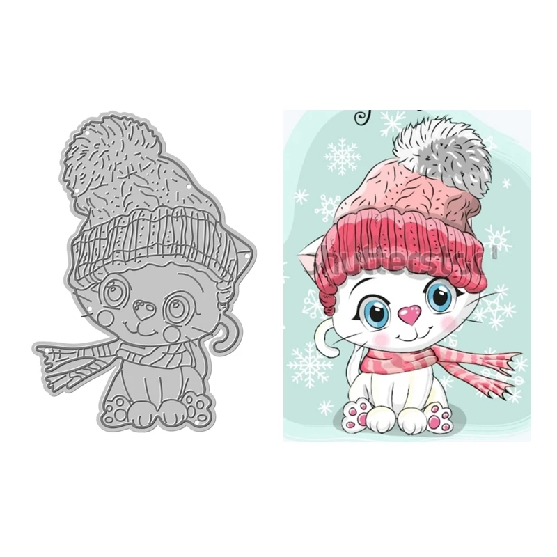 Troqueles de corte de Metal con gatito de dibujos animados en invierno para álbum de recortes, fabricación de papel en relieve sin sellos, marco, tarjeta artesanal