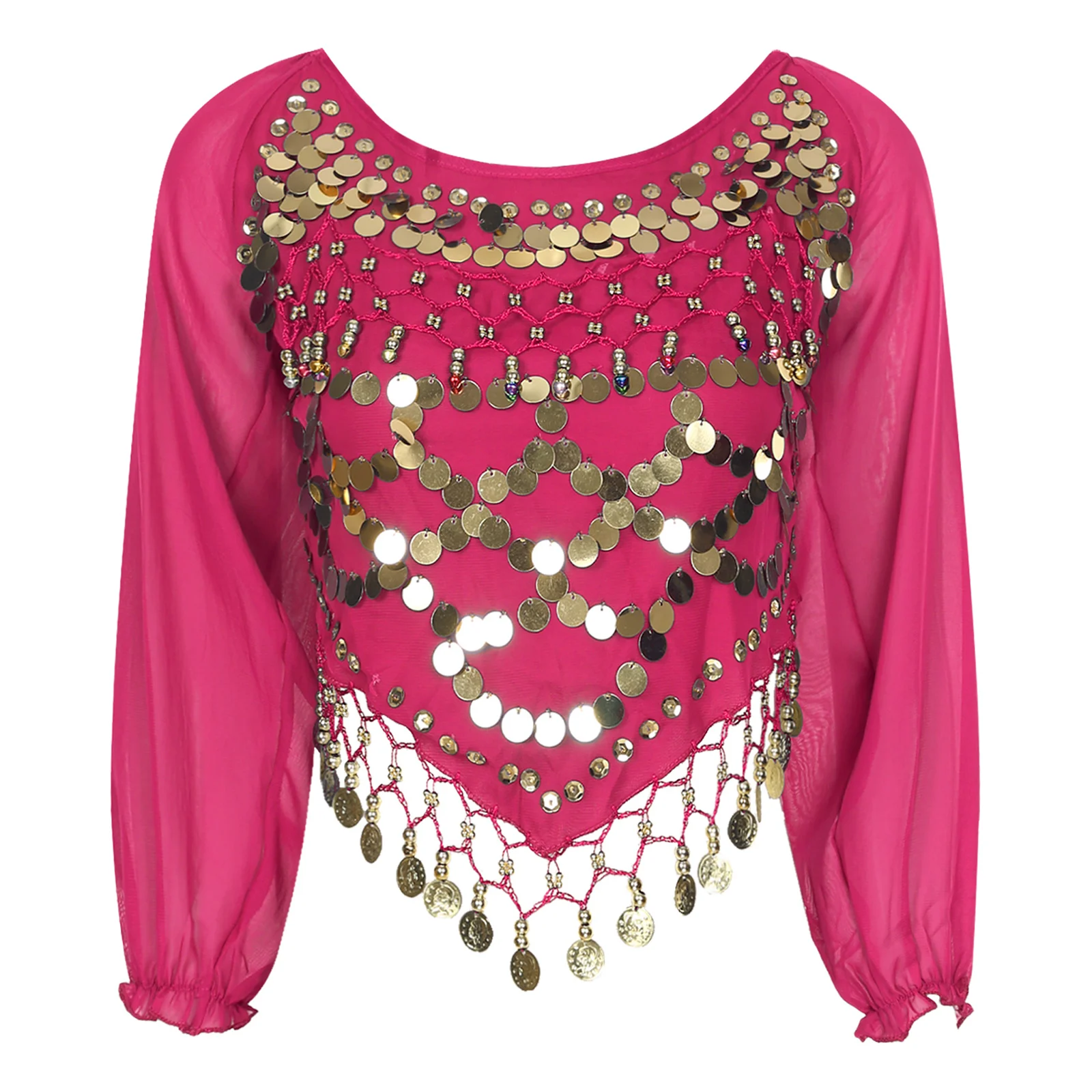 

Womens Belly Dance Chiffon Tops Lace-up Back Long Sleeve Irregular Hem Crop Top Carnival Stage Performance Costume