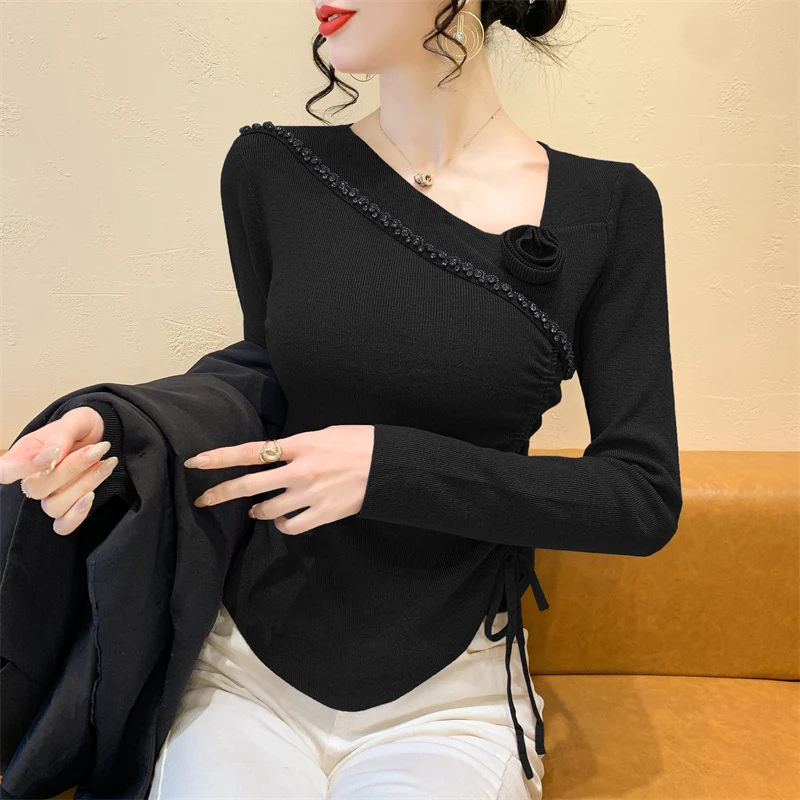 

Black,Korean,Style,Knitted,Sweater,Women,Chic,Sexy,Skew collar,3D,Flower,Shiny,Diamonds,Long Sleeve,Lace Up,Tops,New,51501