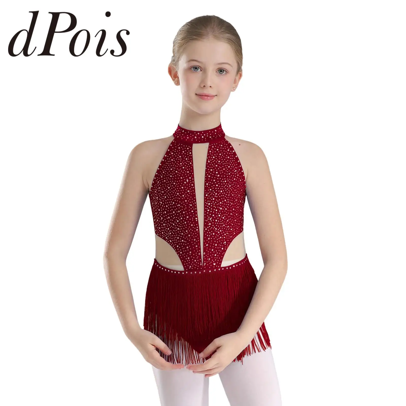 Kids Girls Latin Dance Leotard Sleeveless Backless Fringed Bodysuit Stage Performance Competition Dancing Wear Tassel Jumpsuit