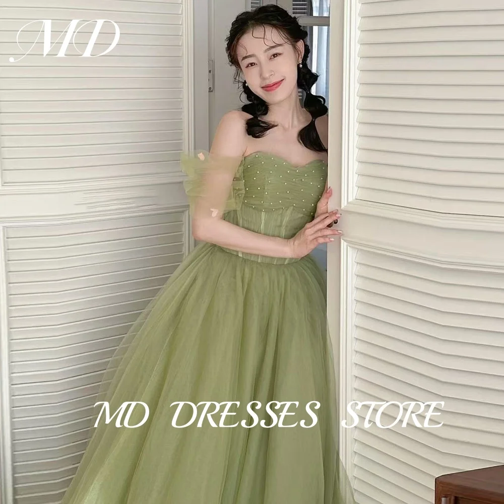 MD Simple Green Wedding Dress A-line Sweetheart Off Shoulder Pearl Korea PhotoShoot Evening Floor-Length Prom Gown Customised