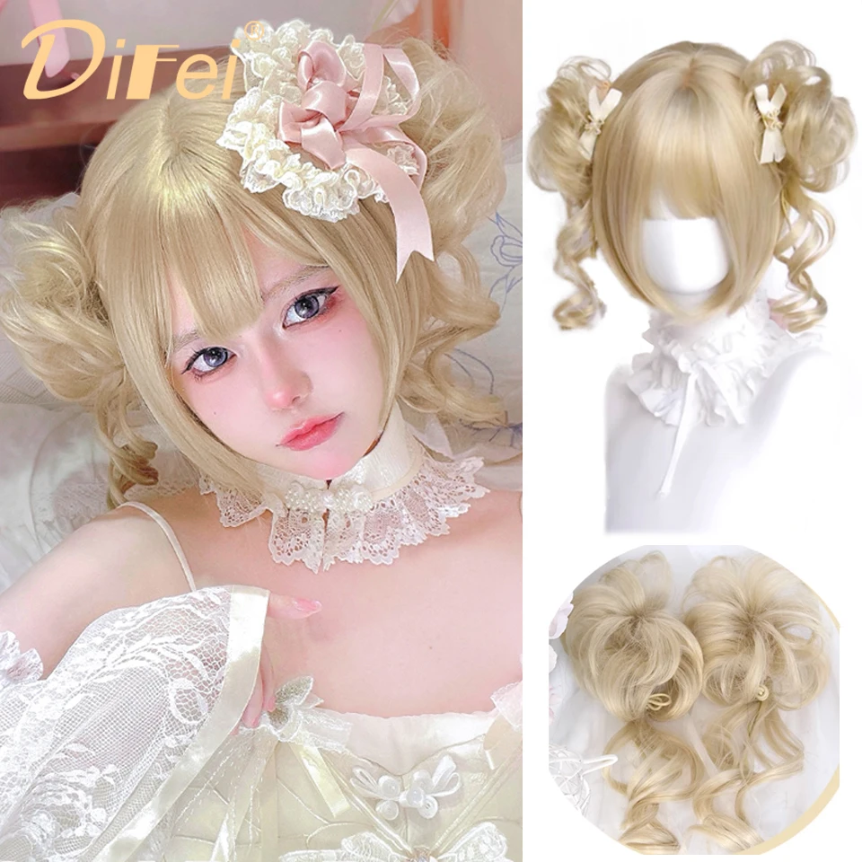 DIFEI-Perruque Synthétique Courte et Bouclée pour Femme, Couleur Or Clair, Accessoire Capillaire, Style Lolita 03, avec Frange Droite, pour ixCosplay