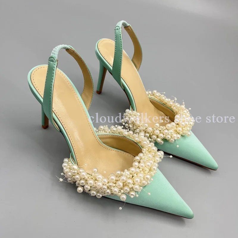 

Graceful White Pearl String Bead Silk Satin Point Toe Sandal Slingback Back Strap Stiletto Sandal New Design Sense Wedding Shoes