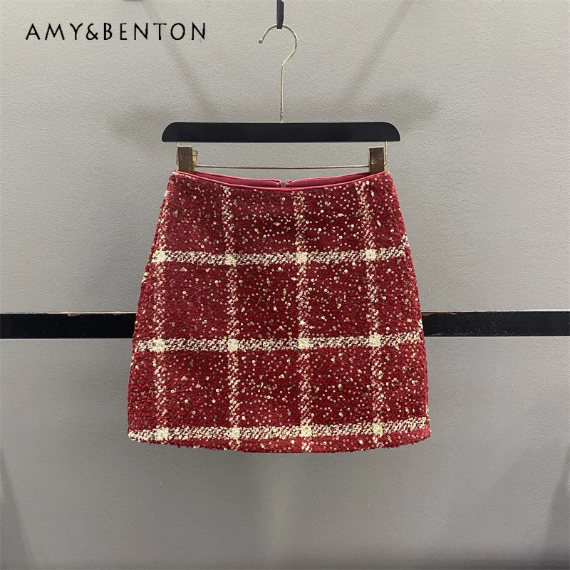 

Christmas Red Plaid Sequin Woolen Women's Skirt 2025 Autumn Winter New High Waist Slimming A-line Bodycon Short Skirts Ladies