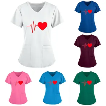 יוניסקס עובד אחיד הדפסה כיס מחמד אחות מטפח אחות נשים מדים נשים שרוול קצר ספא צווארון סקראב tunic