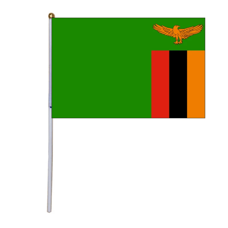 

Free Shipping New 100pcs 14 * 21cm National Flag Zambia Hand Flags with Plastic Flagpole Polyester Printing Flag