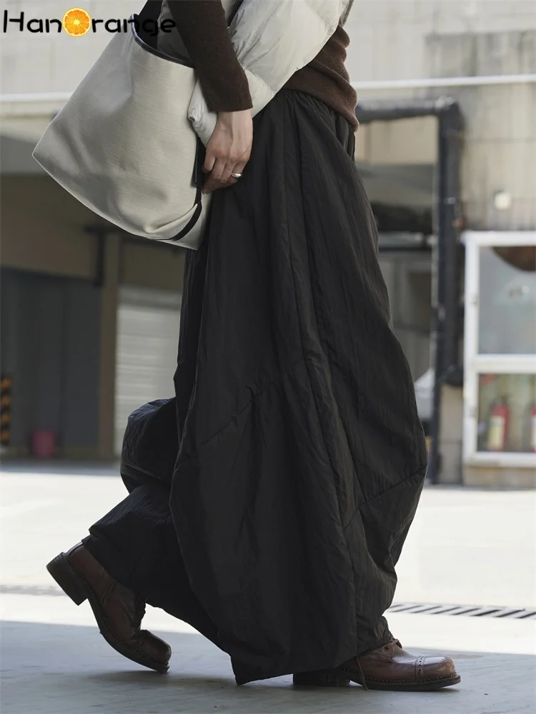 HanOrange 2026 Winter Simple Fashion 3D Splicing High Waist Fleece Casual Pants Women Loose Silhouette Trousers Black/Beige