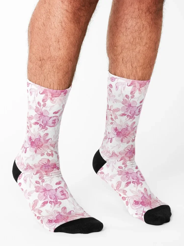 Simple Soft Watercolor Chintz in Pastel Pink on White Socks anti-slip cotton aesthetic Socks Female Men\'s