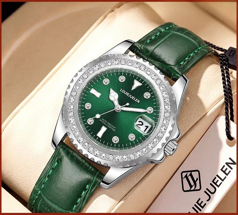 Light Luxury Ladies Quartz Watch, Classic Coco Style Diamond Inlaid Small Green Watch, Genuine Leather Strap Women Wrist Watch