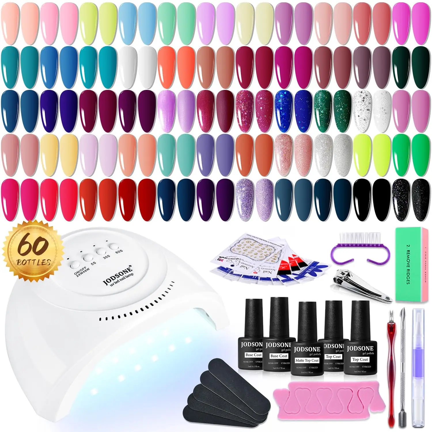 60-Piece Gel Nail Polish Kit with UV Light, 55 Colors and Base/Top Coats for Women and Girls