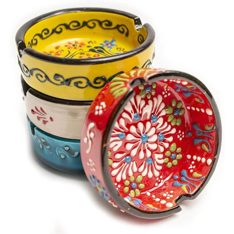 Set up 4 hand-painted modern ceramic ashtrays Red/Yellow/White/Green Indoor Outdoor Smoker Desktop Ash Holder