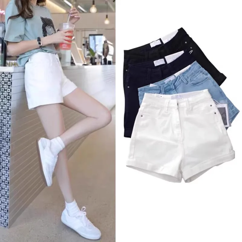 

High Waist Slimming White Denim Roll up Shorts Women's Summer Thin A-Line Hot Pants Straight Leg Distressed Jeans Short Length