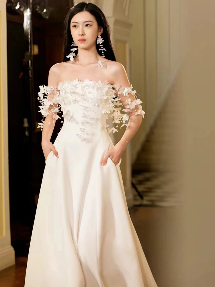 

Свадебное платье Ele Satin с цветочной вышивкой и богатой отделкой, простое белое свадебное платье для помолвки и встречи гостей