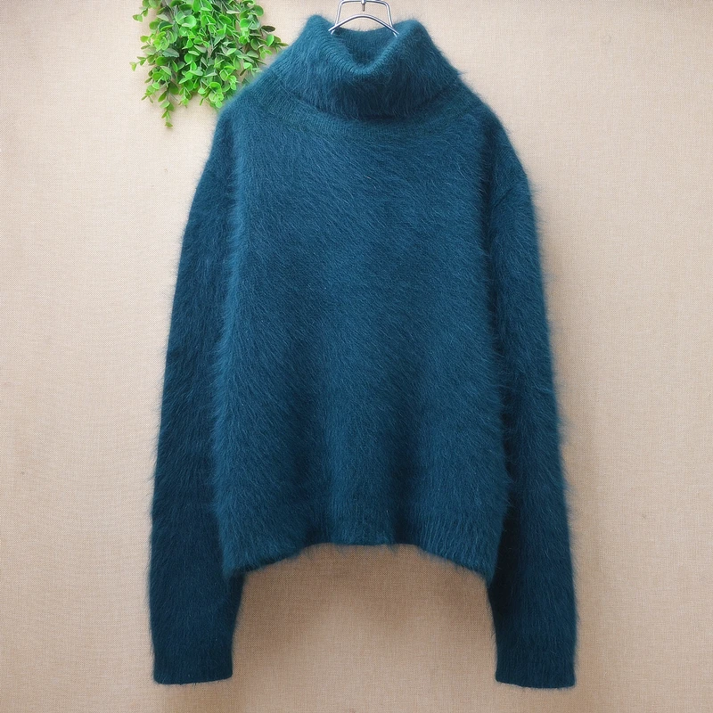 Women Mujer Autumn Winter Clothing Hairy Mink Cashmere Knitted Long Sleeves Turtleneck Loose Pullover Angora Fur Sweater Jumper