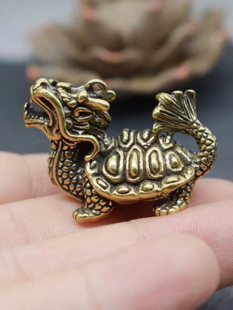 Solid Brass Retro Carved Statue Figure Keychain Dragon Head Turtle Body Pendant