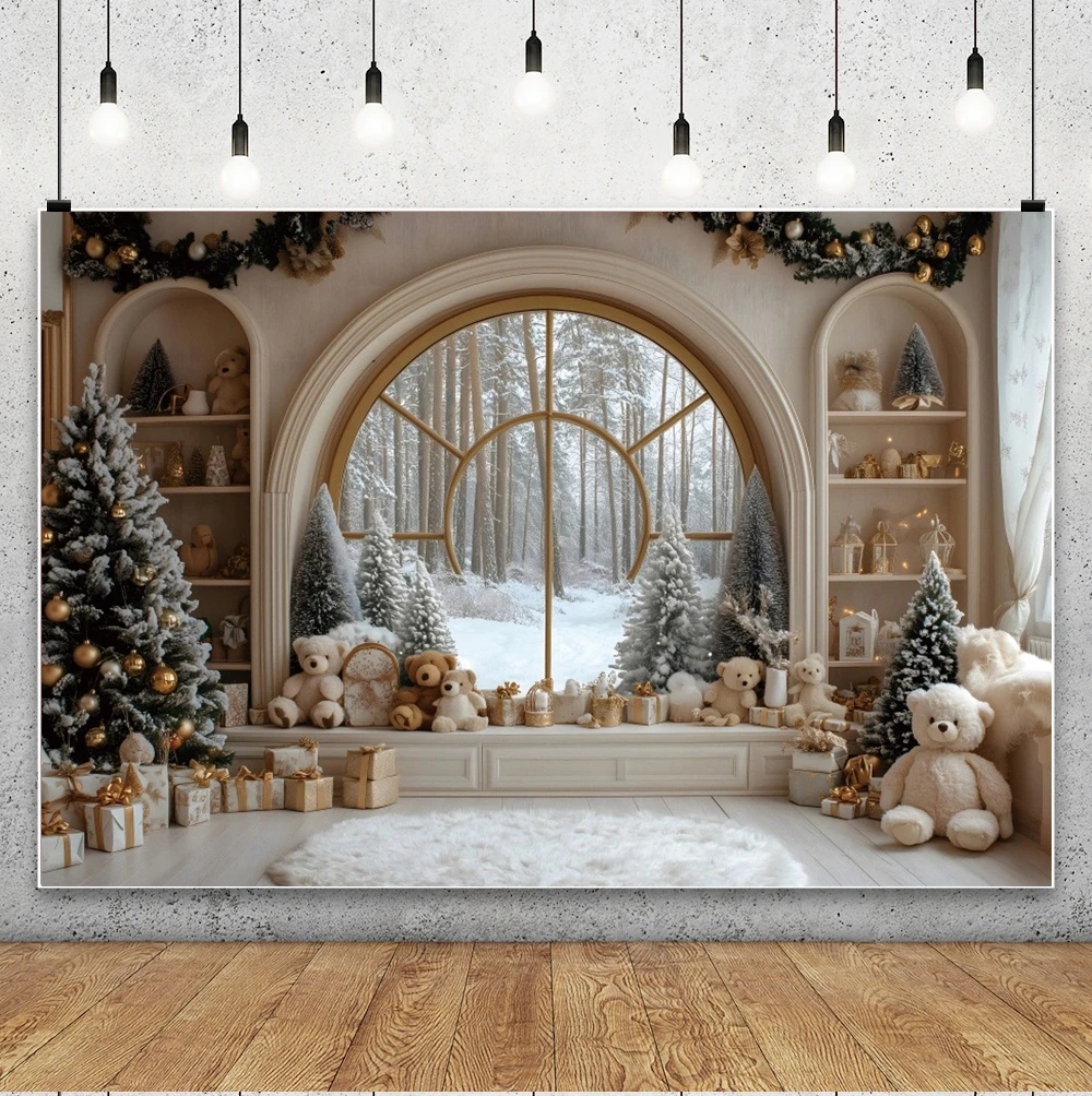 White Gold Christmas Window photography backdrop Snowy Tree Teddy Bear Gift Baby Xmas Portrait Photo Booth Background Props