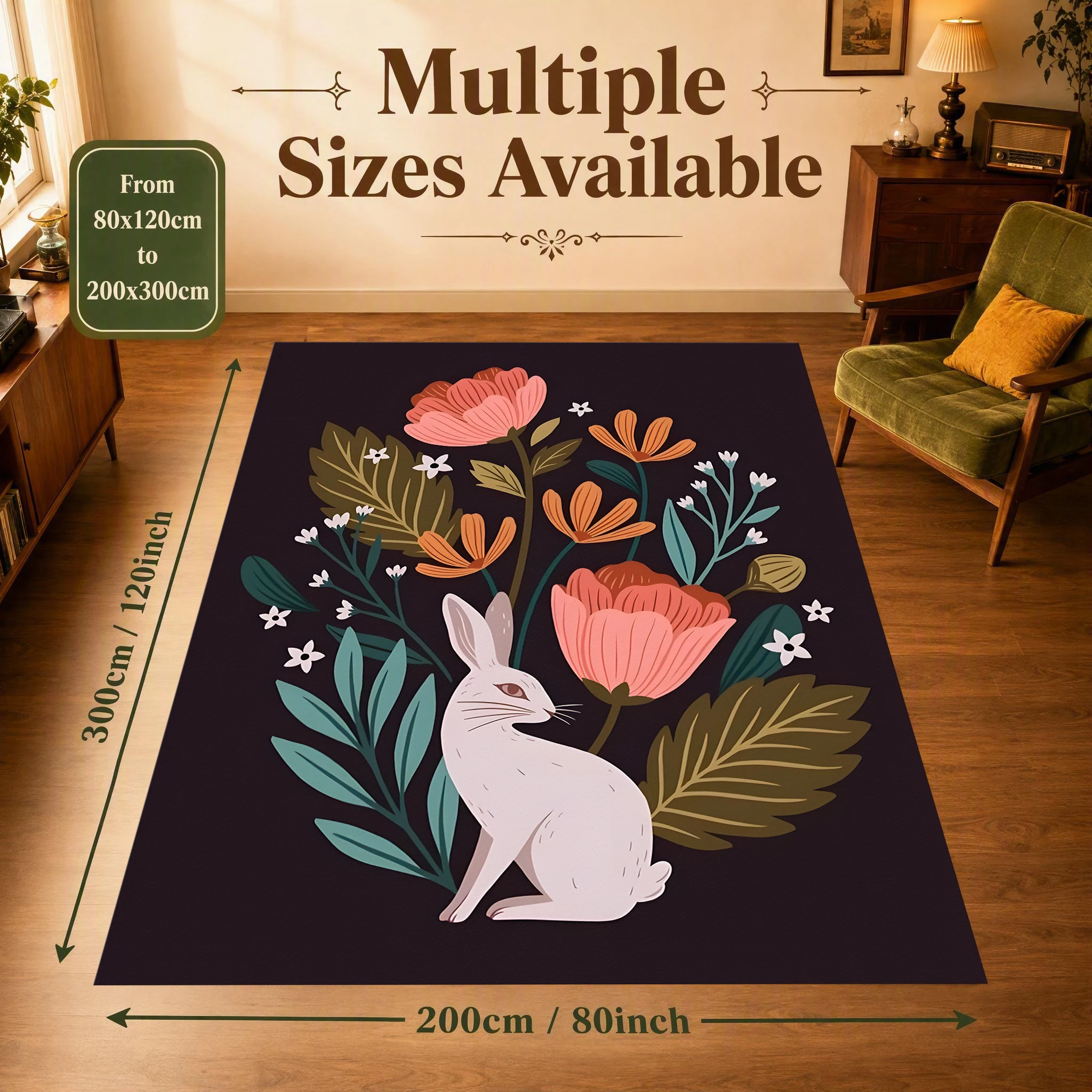 2D Large Carpet White Rabbit Floral Retro Forest Style for Living Room Bedroom Bedside