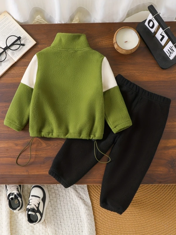 Kids Color Block Sherpa Fleece Set Half-Zip Stand Collar + 