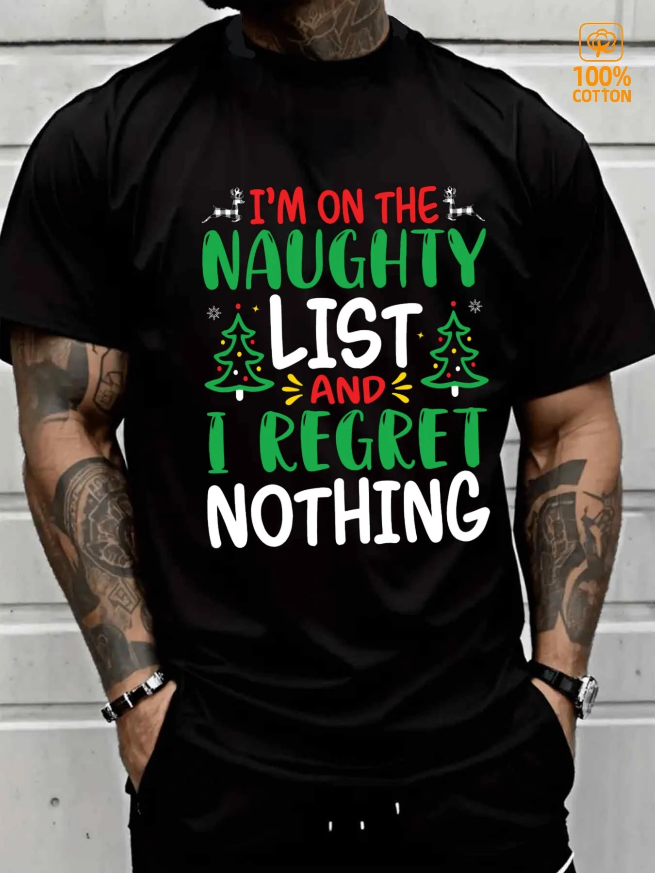 Funny Men's Black Graphic T-Shirt Naughty List Regret Nothing Slogan Christmas Tree Snowflake Festive Typography Print 100% Cotton Heavyweight Short Sleeve Casual Streetwear Tee