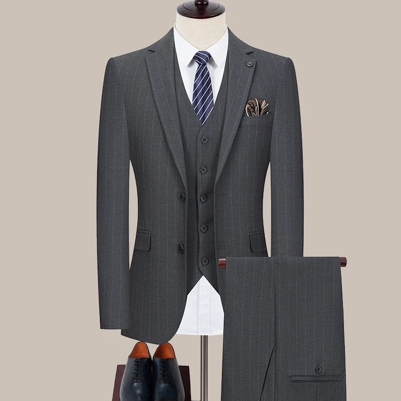 

Мужской деловой костюм KIDWHXR: модный полосатый пиджак на одной пуговице, жилет с V-образным вырезом, брюки прямого кроя, комплект из 3 предметов, облегающий крой