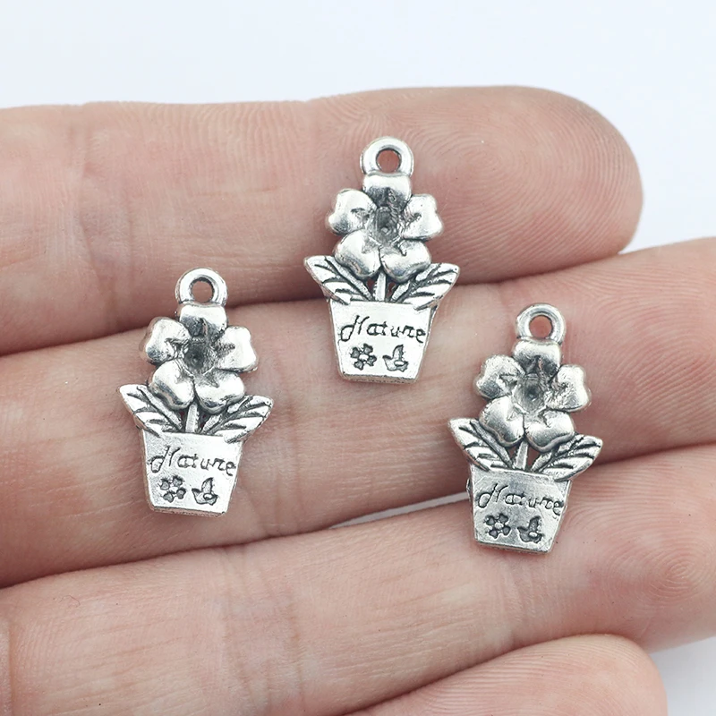 20pcs/lot 13*20mm Antique Silver Color Flower Charm Potted Plants DIY Neckalce Bracelet Jewelry Finding