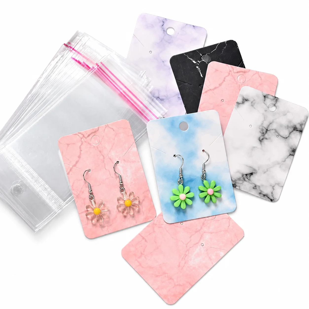 200 Stück Ohrring-Displaykarten-Set, Marmor-Design, Papierkartenanhänger mit transparentem OPP-Beutel, geeignet für die Aufbewahrung von Ohrringen und Schmuck. – Detail 5