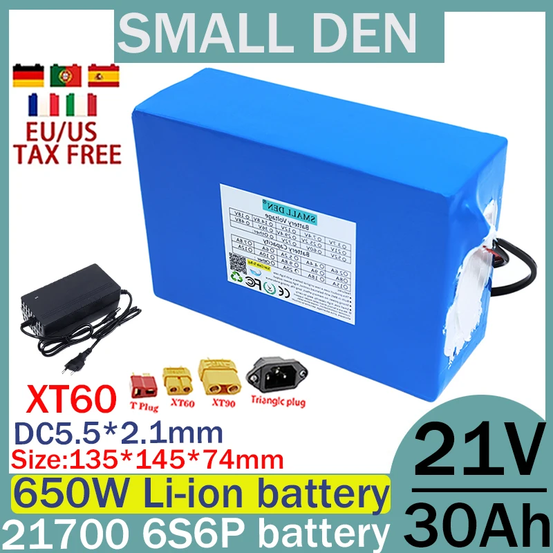 21V 30ah 21700 6S6P lithium battery pack, built-in 30A BMS protection,350-650W high-power backup high-quality battery+2A charger