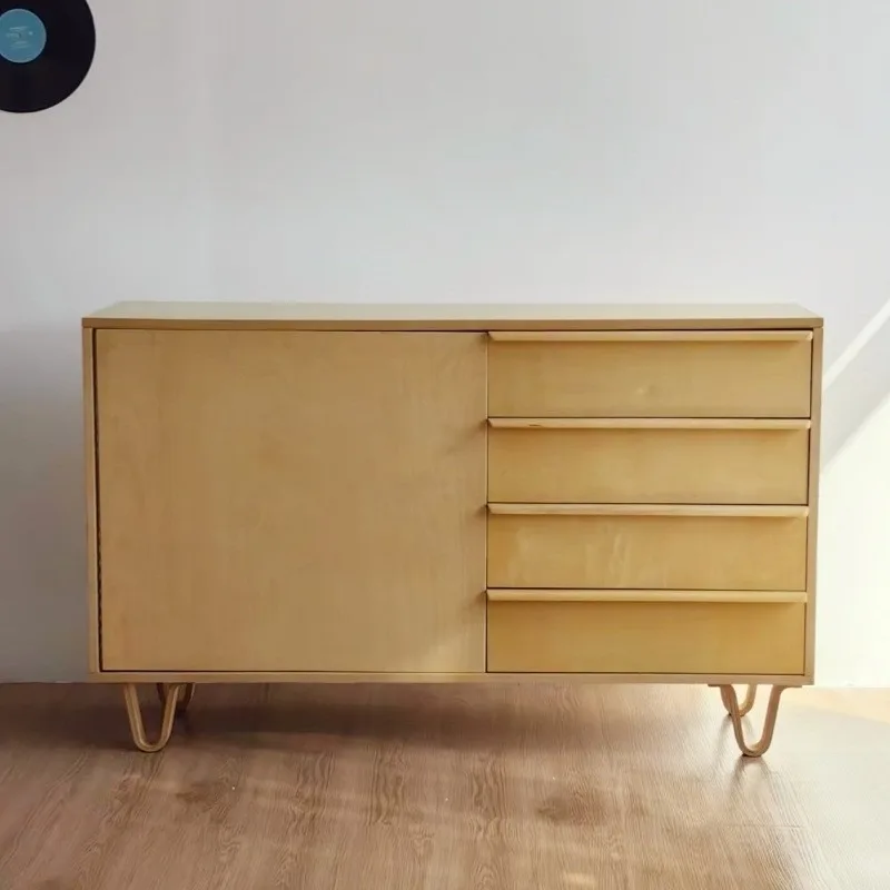 Wabi Sabi Style Multi-Tier Solid Wood Sideboard Cabinet for Nordic Retro Birch Storage Furniture Mid Century Modern High