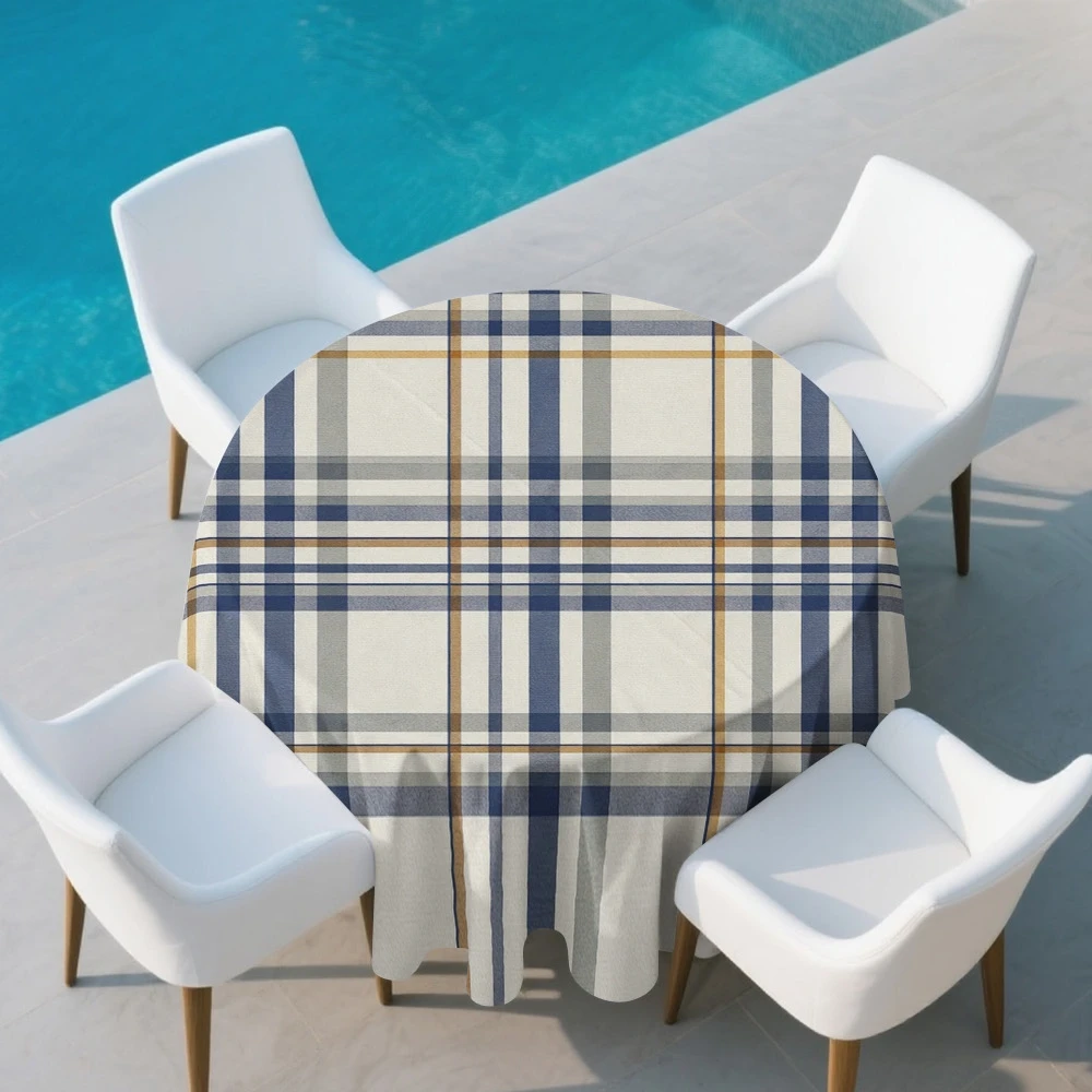 One large round tablecloth, suitable for round dining tables - elegant blue and beige checkered design tableclothzyc