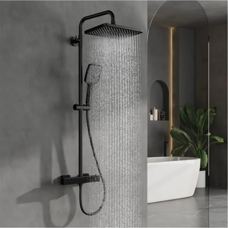 Duschsystem mit Thermostat Schwarz, Duschset, Regenduschset, Komplettset mit Kopfbrause, 3 Strahlarten, Handbrause, Duschstangen (Quadratisch 30 X 20 cm)