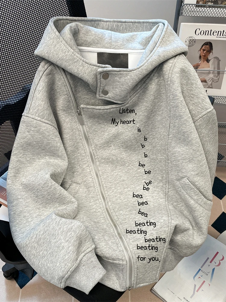 

Retro American Chic Zipper Hoodie Women's Winter Outerwear Unique Couple's Sle Hong Kong Trend Loose Fit Long Sve