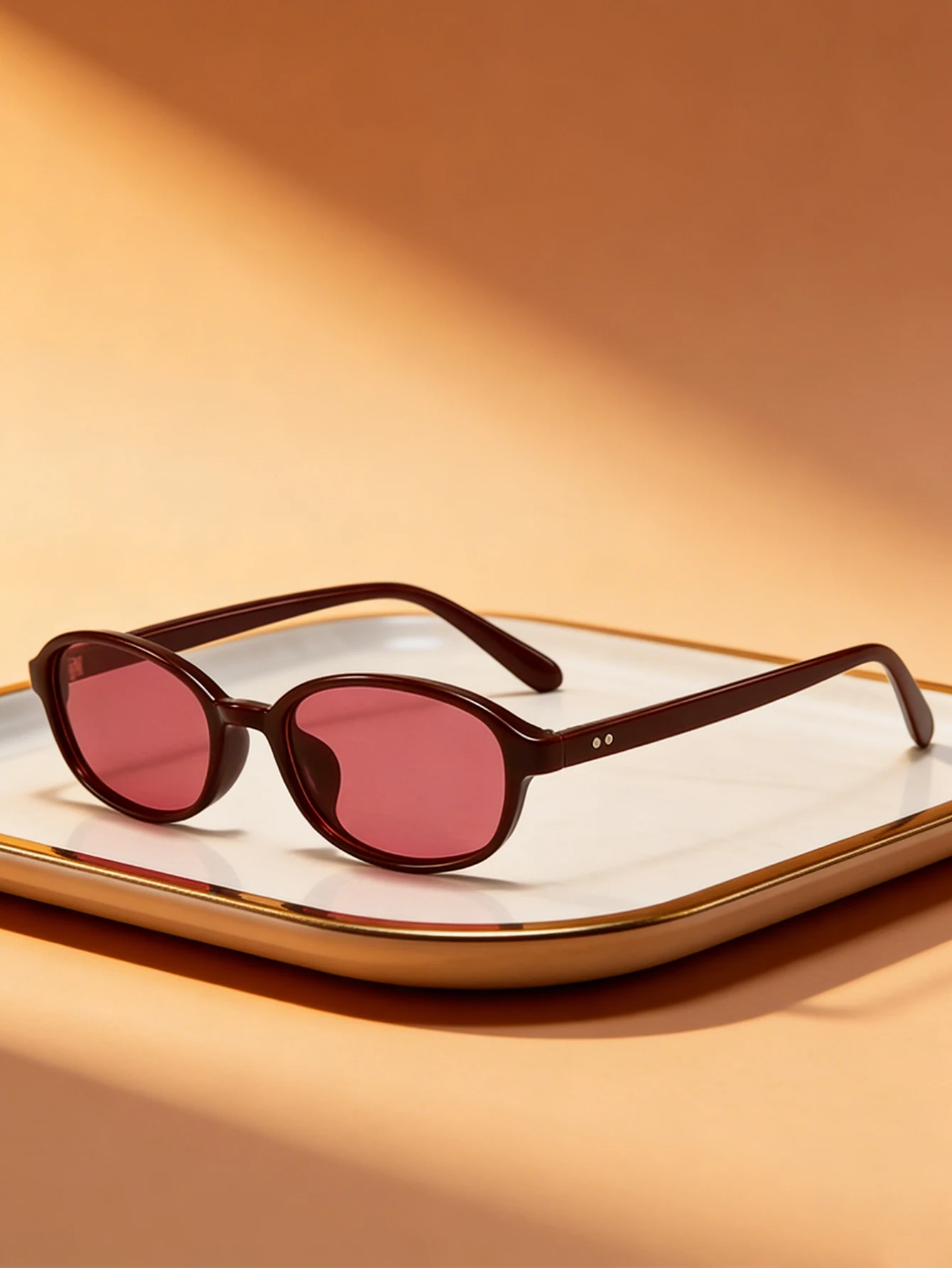 1Pc Retro Burgundy Frame Pink Oval Sunglasses, Sweet and Cool, Enhances Complexion, Street Style Vibe for Hot Girls