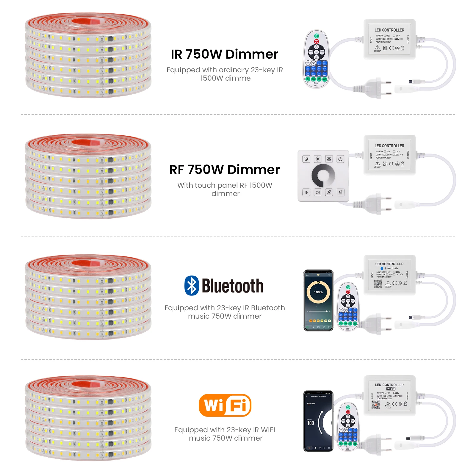 Dimmable 2835 LED Neon Strip Light Wall Touch Wifi Bluetooth 23key Remote Control Power Kit 220V 120LED Waterproof Silicone Rope