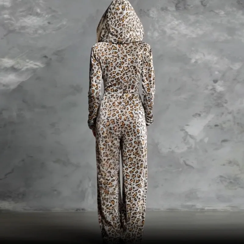 Retro Leopard Print Velvet Hooded Jumpsuit Woman Casual Long Sleeve Zip Romper Playsuit New Spring Wide Leg Pants Loose Overalls