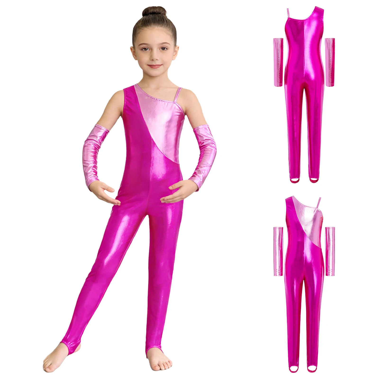 Children Girls Metallic Shiny Gymnastics Dance Ballet Skating Yoga Jumpsuit One Shoulder Zipper Stirrup Leotard with Sleeves