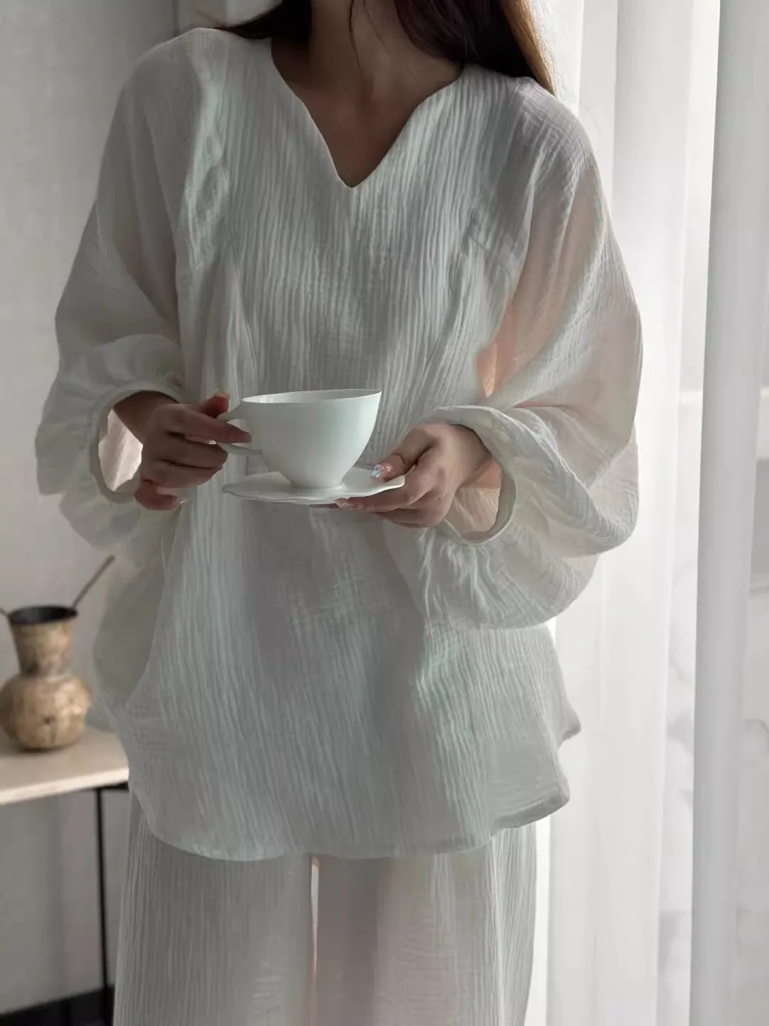 한국 슬레 순면 긴팔 스포츠웨어 여성용 봄 가을 편안한 피부 친화적인 홈웨어 화이트 코튼 얀...