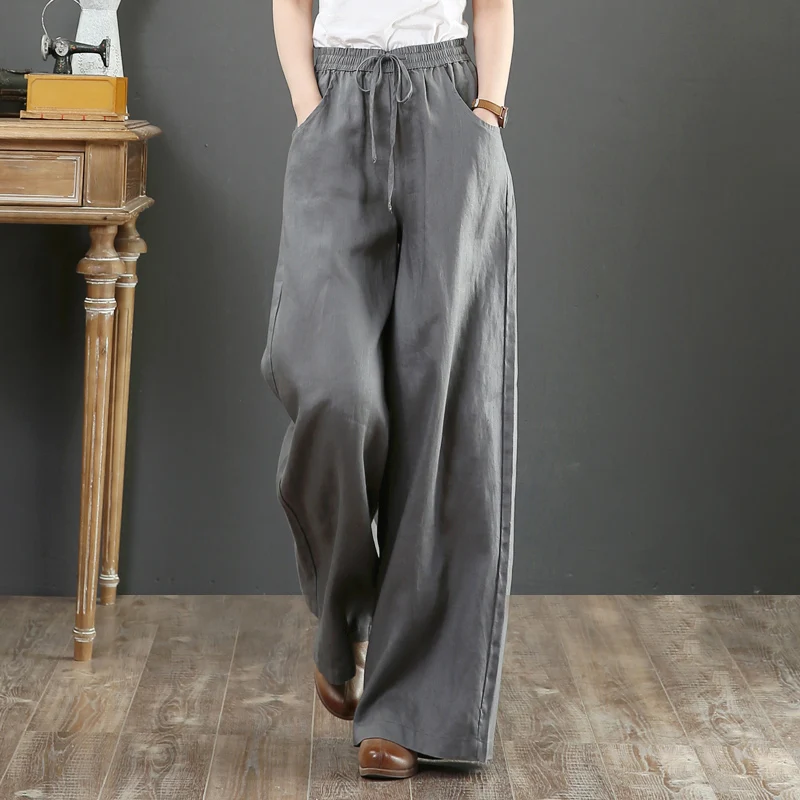 High Waist Cotton Linen Wide Leg Pants Women Summer Loose Casual Dstring Floor Length Straight Cut Trousers