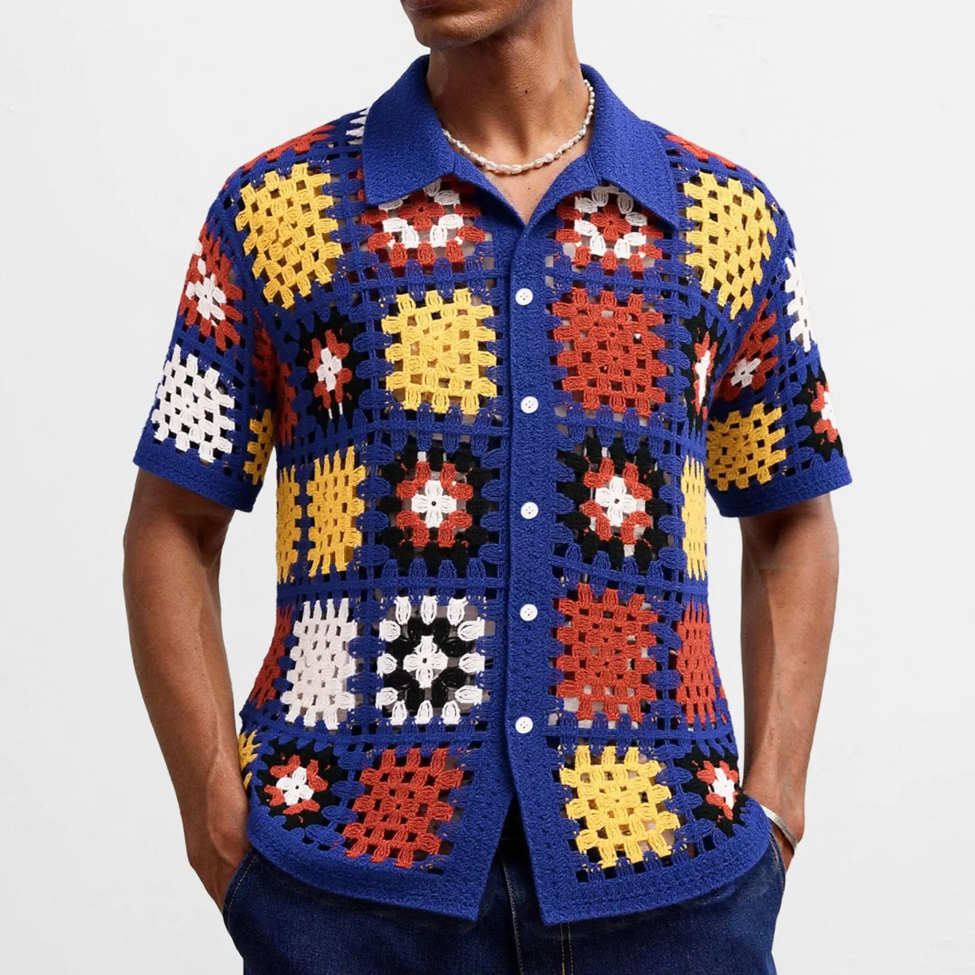 

Men's European and American style imitation hand-crocheted sweater Spring and summer hollow thin polo shirt