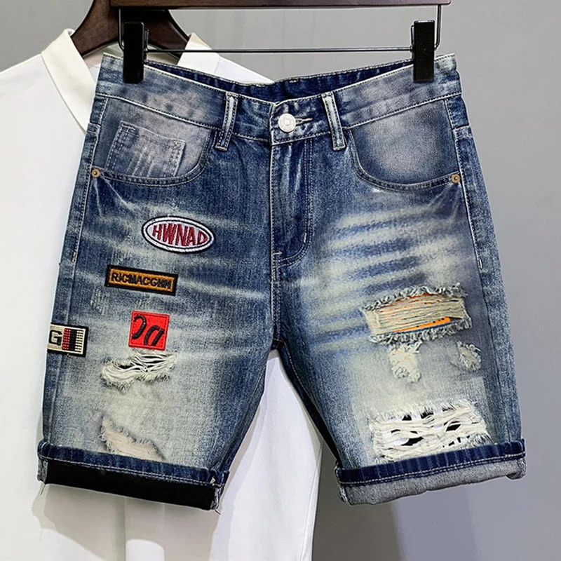 Ripped Embroidered Denim Shorts Men's Hip-hop Rock Patchwork Moto Jeans Loose Casual Streetwear Knee Length Hole Summer Shorts