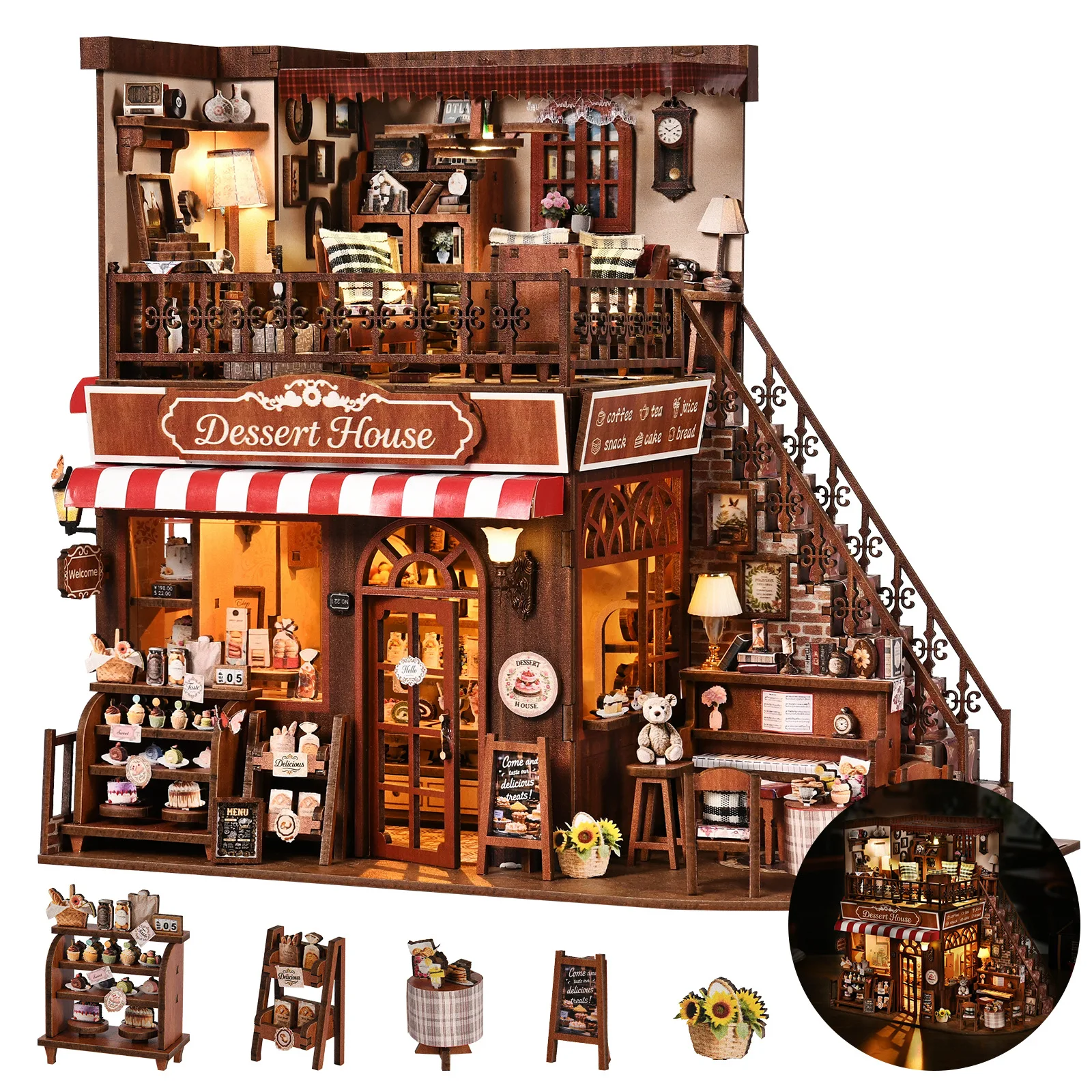 Kit modello in miniatura fai-da-te per casa da dessert ad angolo: giocattolo puzzle e angolo di libro 3D assemblato a mano, squisito regalo per casa delle bambole in legno con luci