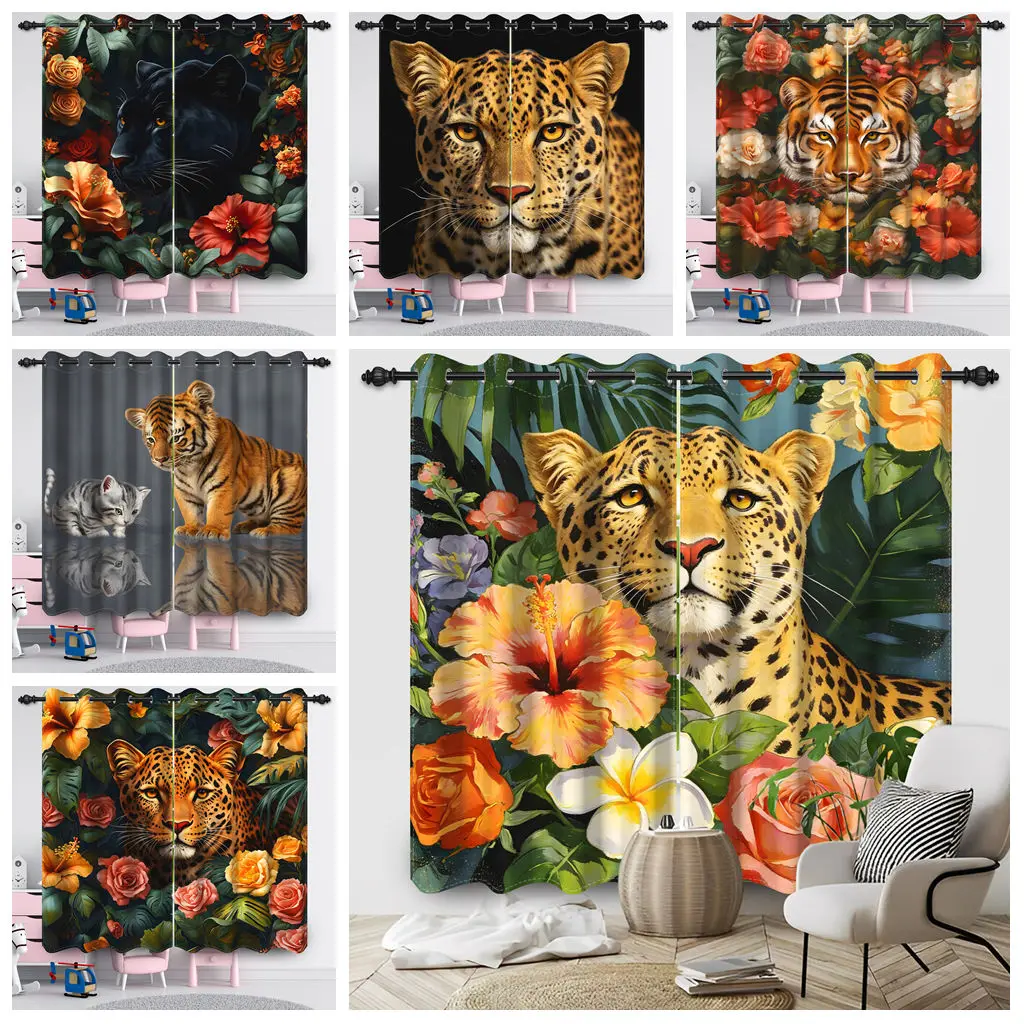 2pcs/set Flowers and Leopards Window Curtain Modern Nordic Bedroom Living Room Decorations Blackout Polyester Fabric Curtains