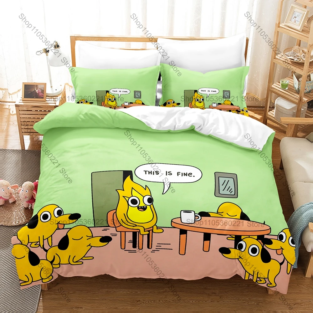 

Hot This Is Fine Dog Meme 3 Pieces Cotton Bedding Set Printed Duvet Cover With Two Pillowcases Teen Home Bedclothes