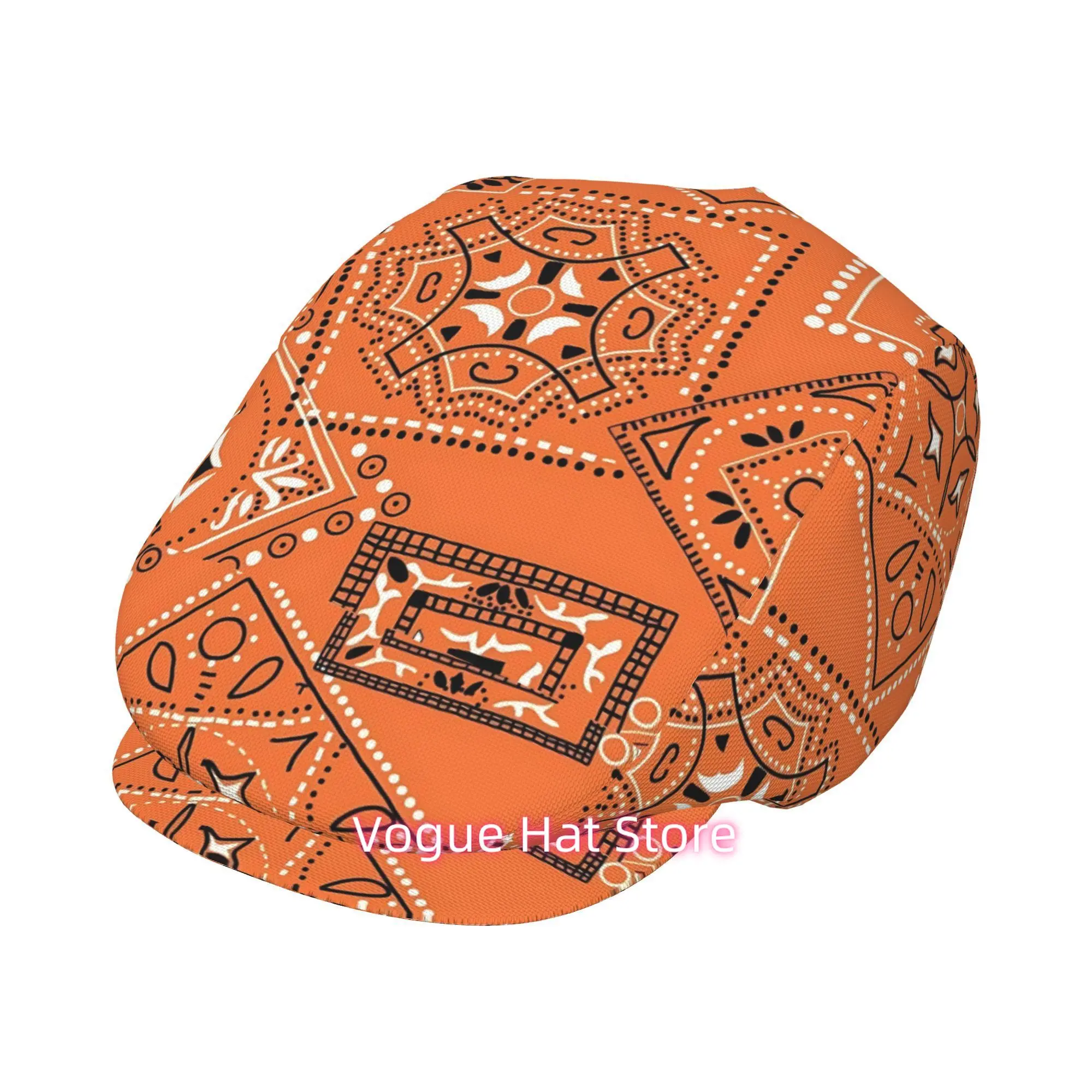 One Orange Beret Featuring a Patchwork Design, Fully Printed, Styled As a Vintage Newsboy Cap. This Unisex Accessory Is Essentia