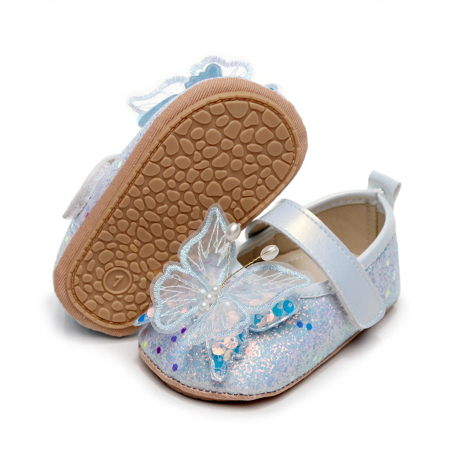 Princess Baby Girl Mary Jane Flats Cute Shiny 3D Butterfly Dress Shoes Newborn Prewalkers Flats Non-Slip Crib Shoes First Walker