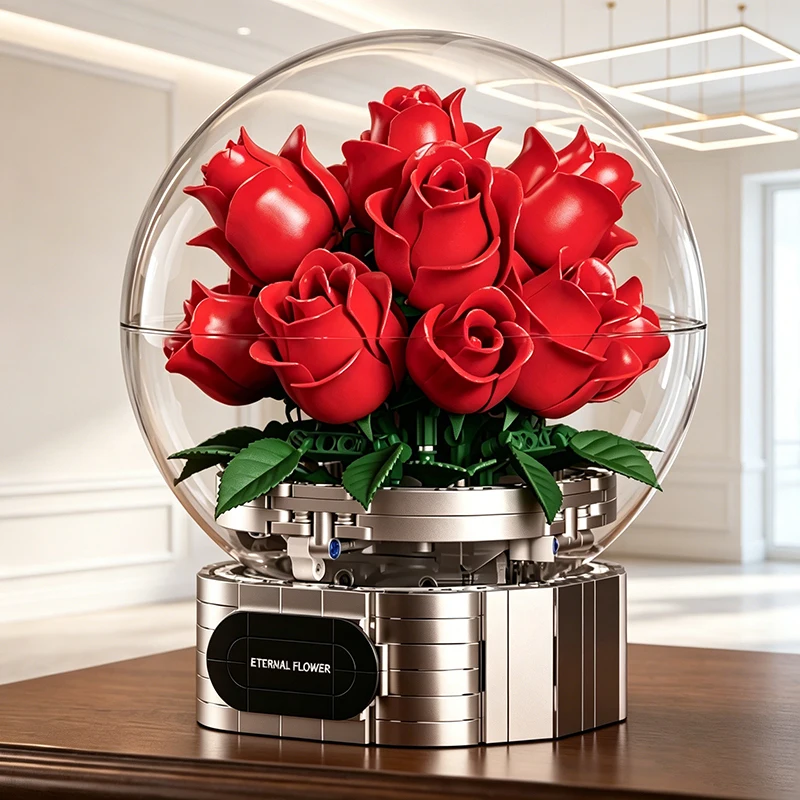 

703Pcs Classic Building Block Eternal Rose Flower Crystal Ball Model Moc Creative Brick Bouquet Toys For Boy Adult Gift Ornament